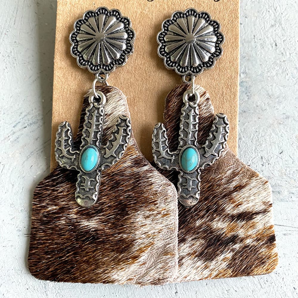 Turquoise Deco Cactus Brass & Leather EarringsEarringsBeach Rose Co.