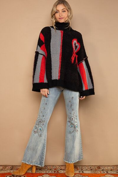 Turtleneck Color Block Fringe Detail Sweater in Black/Red MultiSweaterPOL