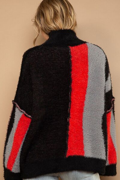 Turtleneck Color Block Fringe Detail Sweater in Black/Red MultiSweaterPOL