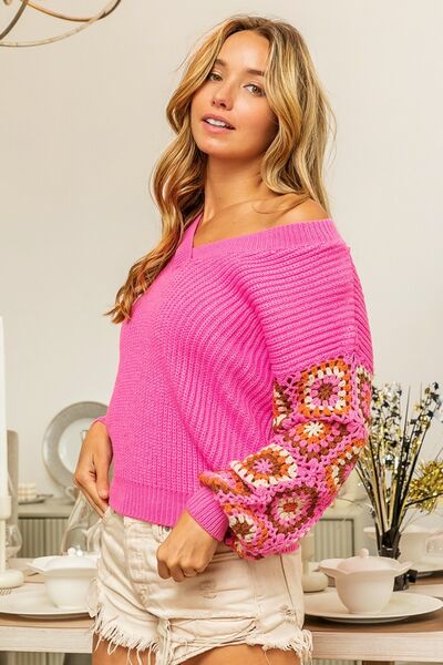 V-Neck Crochet Long Sleeve Sweater in FuchsiaSweaterBiBi