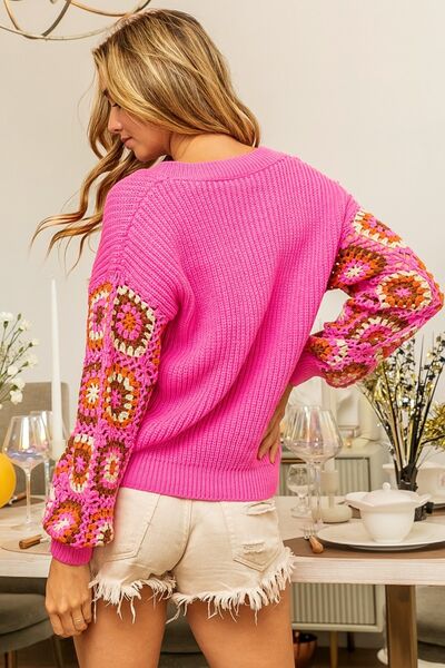 V-Neck Crochet Long Sleeve Sweater in FuchsiaSweaterBiBi