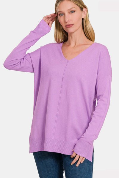 V-Neck Dropped Shoulder Tunic Sweater in Bright LavenderSweaterZenana