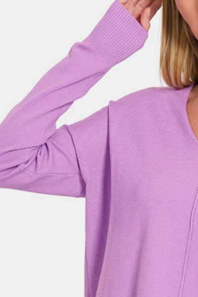 V-Neck Dropped Shoulder Tunic Sweater in Bright LavenderSweaterZenana