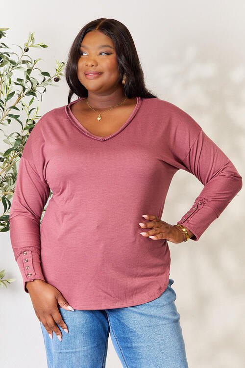V-Neck Exposed Seam Long Sleeve Blouse in Dusty BerryBlouseCulture Code