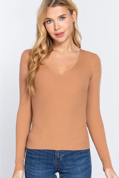 V-Neck Fitted Rib Knit Top in KhakiTopACTIVE BASIC