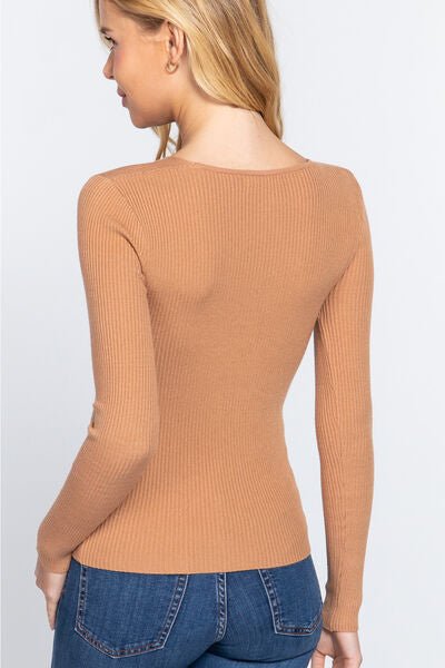 V-Neck Fitted Rib Knit Top in KhakiTopACTIVE BASIC