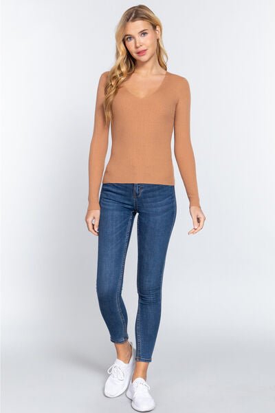 V-Neck Fitted Rib Knit Top in KhakiTopACTIVE BASIC