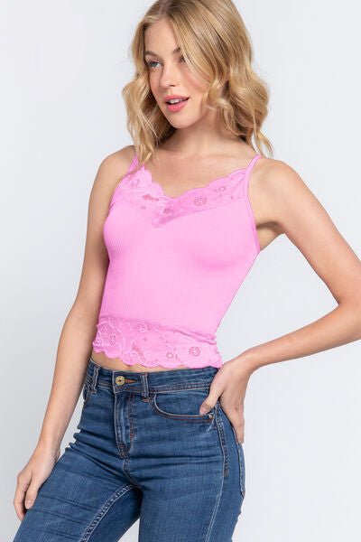 V-Neck Lace Detail Ribbed Seamless Cami in PinkCamisoleACTIVE BASIC
