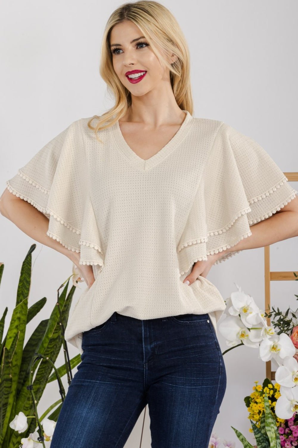 V-Neck Lace Trim Flutter Sleeve TopTopCeleste Design