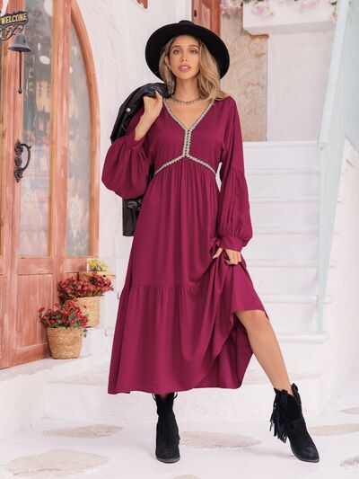 V-Neck Lantern Sleeve Ruffle Hem Midi Dress in WineMidi DressBeach Rose Co.