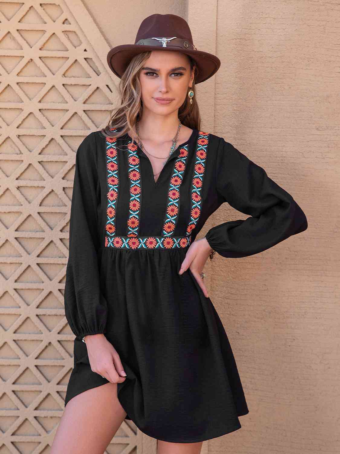 V-Neck Long Sleeve Boho Print Mini Dress in BlackMini DressBeach Rose Co.