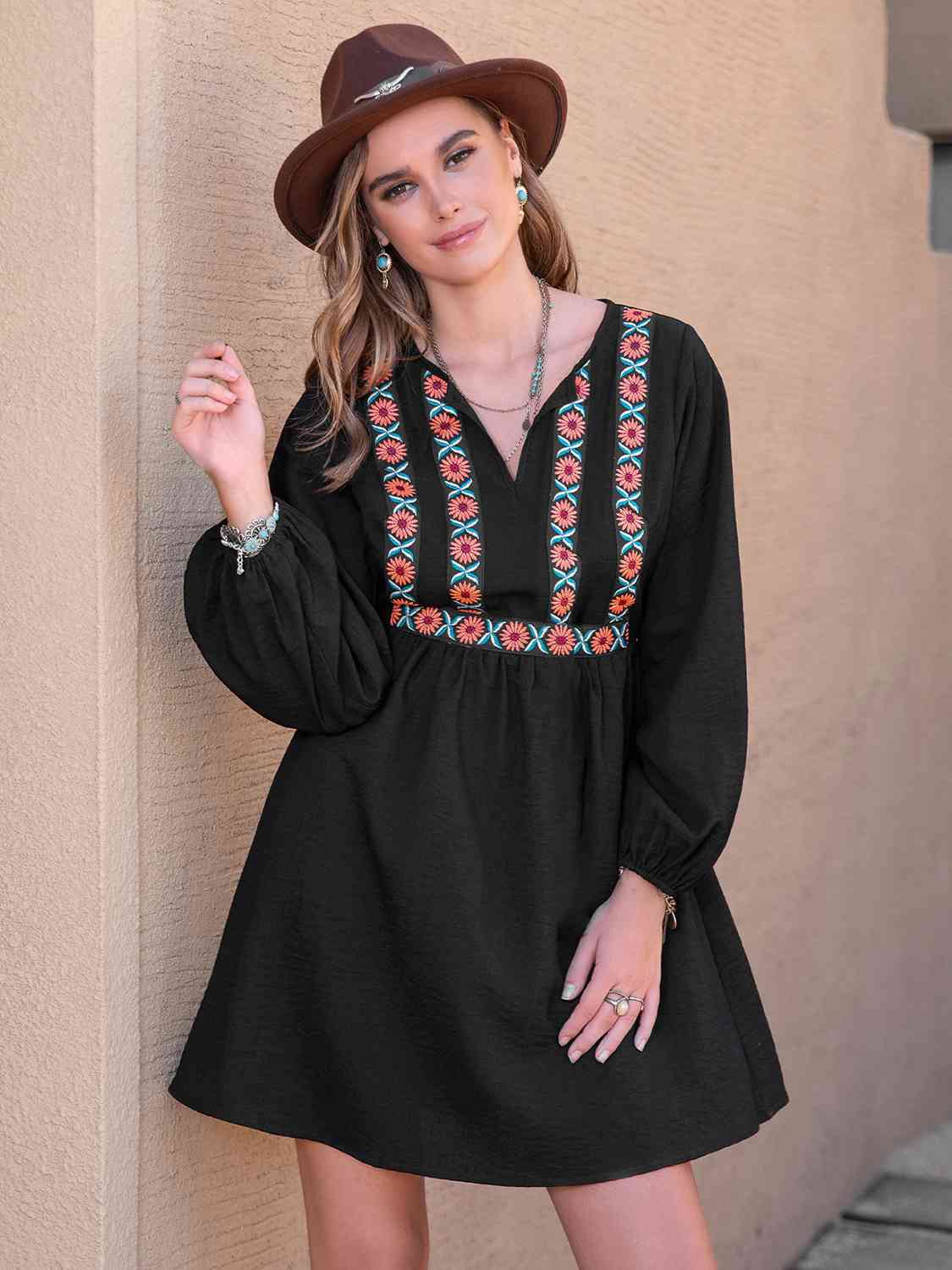 V-Neck Long Sleeve Boho Print Mini Dress in BlackMini DressBeach Rose Co.