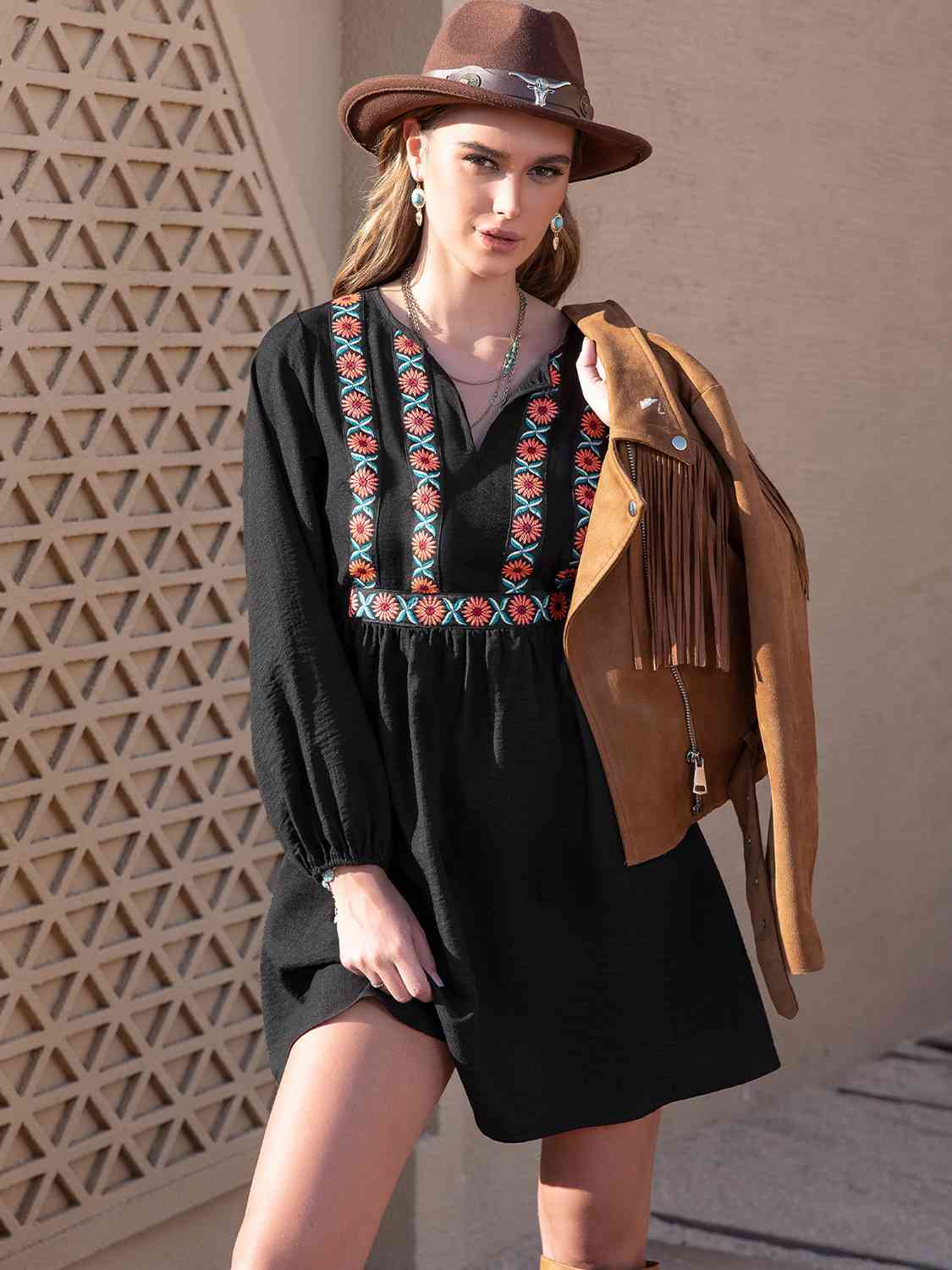 V-Neck Long Sleeve Boho Print Mini Dress in BlackMini DressBeach Rose Co.