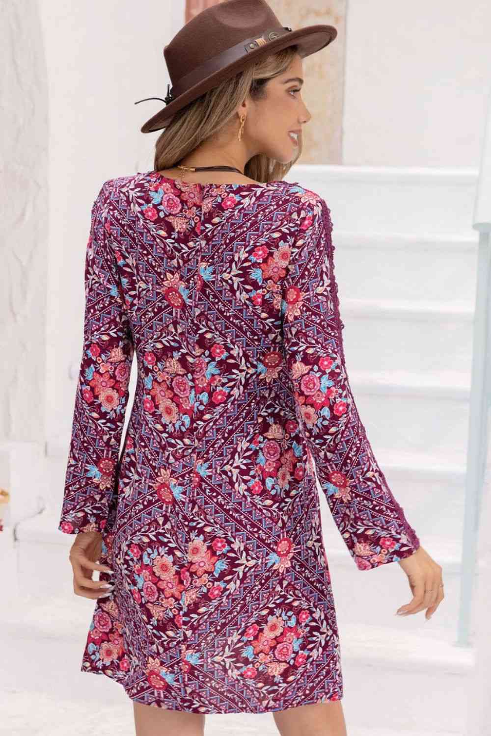 V-Neck Long Sleeve Floral Print Mini Dress in PurpleMini DressBeach Rose Co.