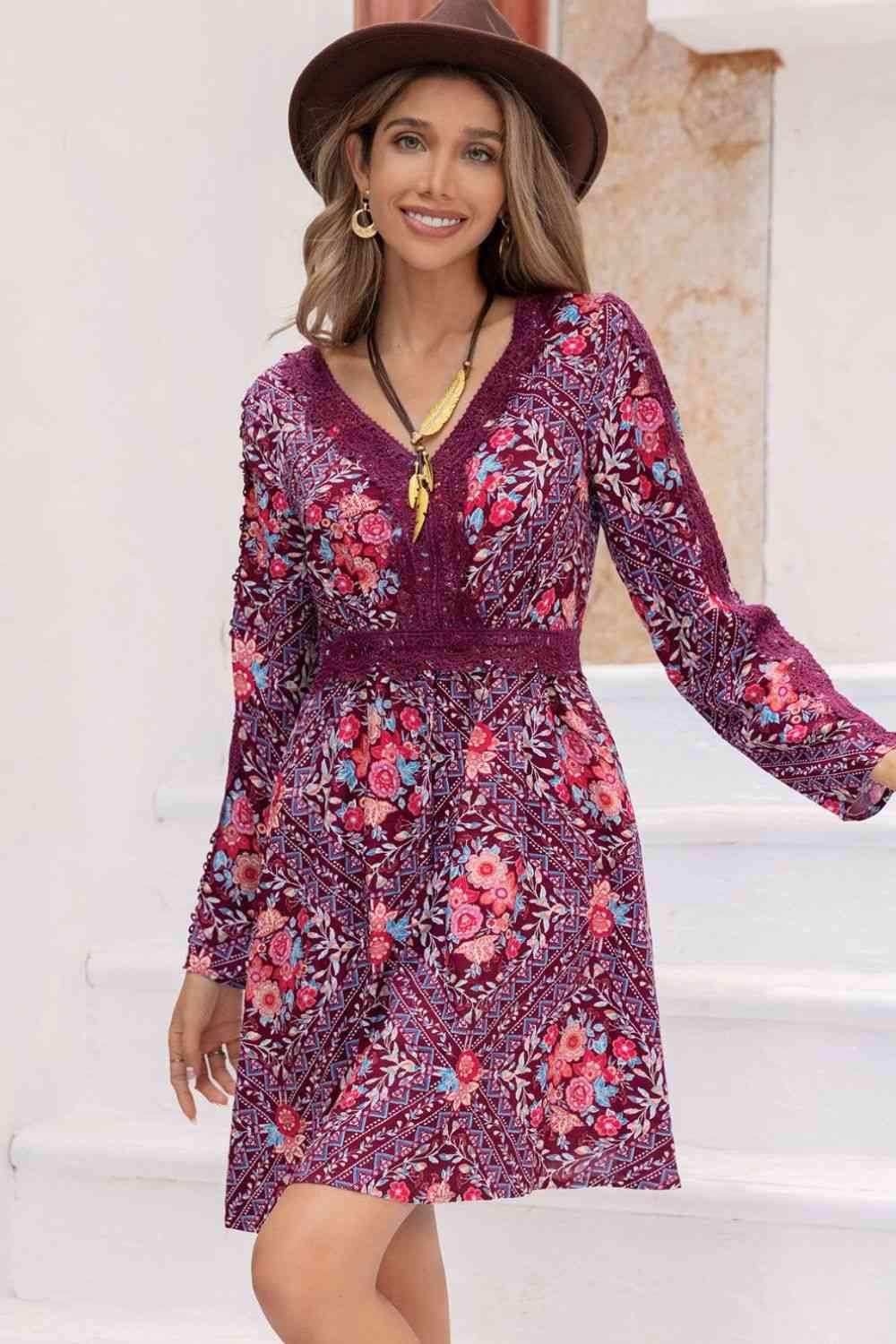 V-Neck Long Sleeve Floral Print Mini Dress in PurpleMini DressBeach Rose Co.