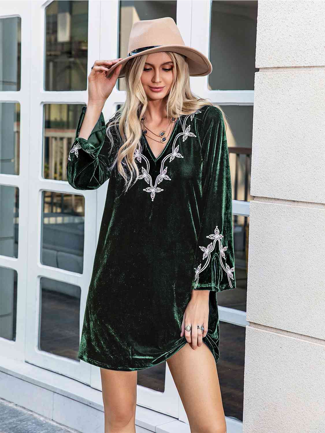 V-Neck Long Sleeve Velvet Mini Dress in Black ForestMini DressBeach Rose Co.