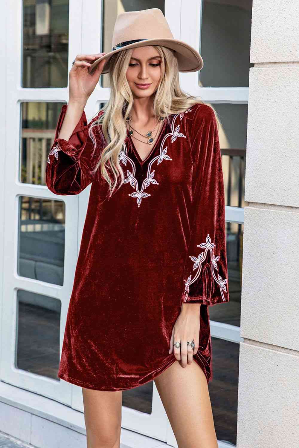 V-Neck Long Sleeve Velvet Mini Dress in WineMini DressBeach Rose Co.