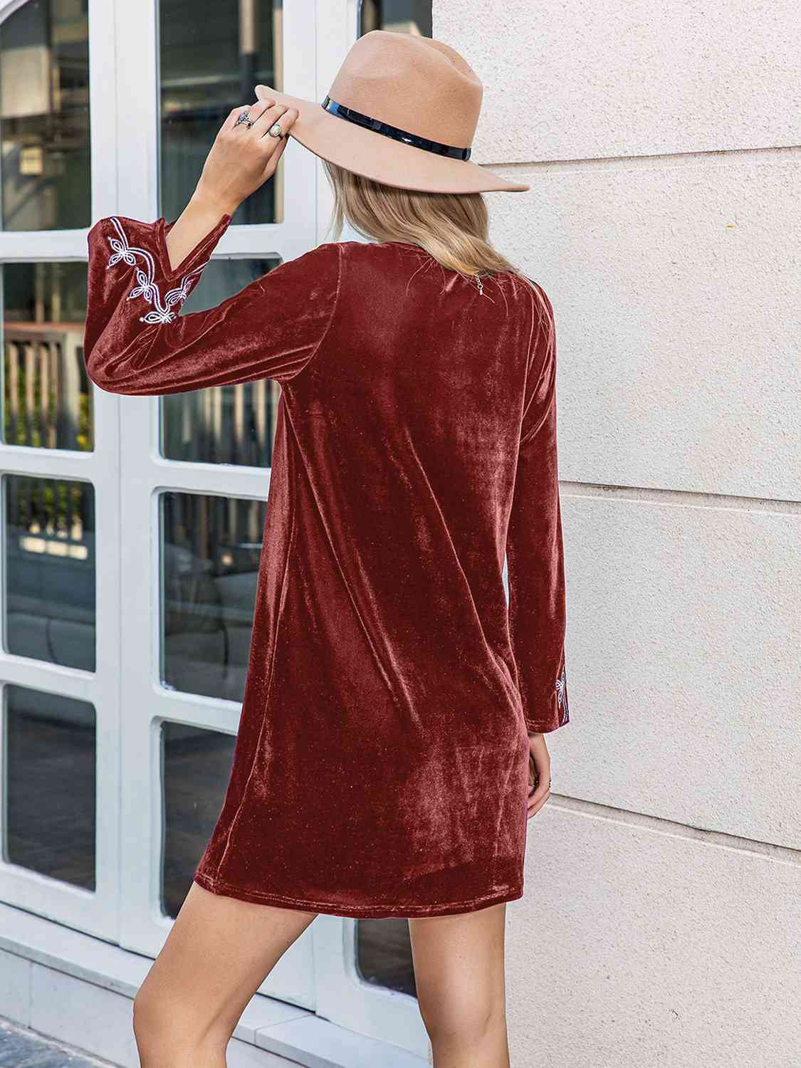 V-Neck Long Sleeve Velvet Mini Dress in WineMini DressBeach Rose Co.