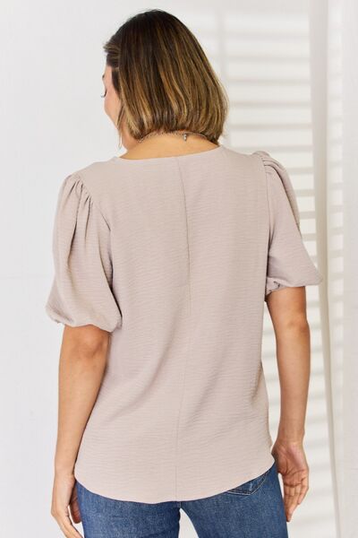 V-Neck Puff Sleeve Top in Light MochaTopZenana