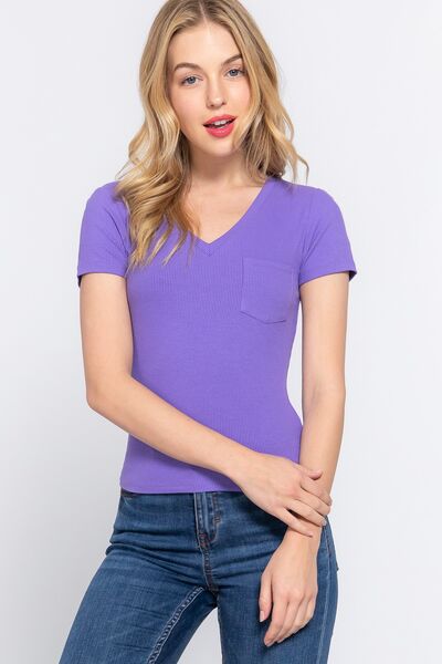 V-Neck Ribbed Short Sleeve Knit T-Shirt in PurpleT-ShirtACTIVE BASIC