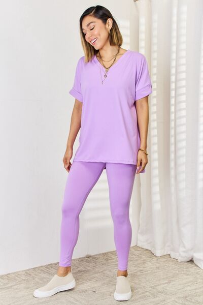 V-Neck Rolled Short Sleeve T-Shirt and Leggings Set in LavenderLeggings SetZenana