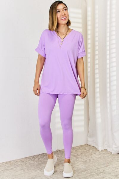 V-Neck Rolled Short Sleeve T-Shirt and Leggings Set in LavenderLeggings SetZenana