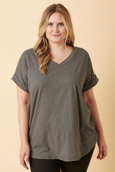 V-Neck Rolled Short Sleeve T-Shirt in CharcoalT-ShirtMittoshop