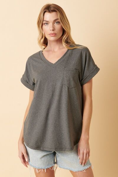 V-Neck Rolled Short Sleeve T-Shirt in CharcoalT-ShirtMittoshop