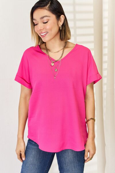 V-Neck Rolled Short Sleeve T-Shirt in Hot PinkT-ShirtZenana