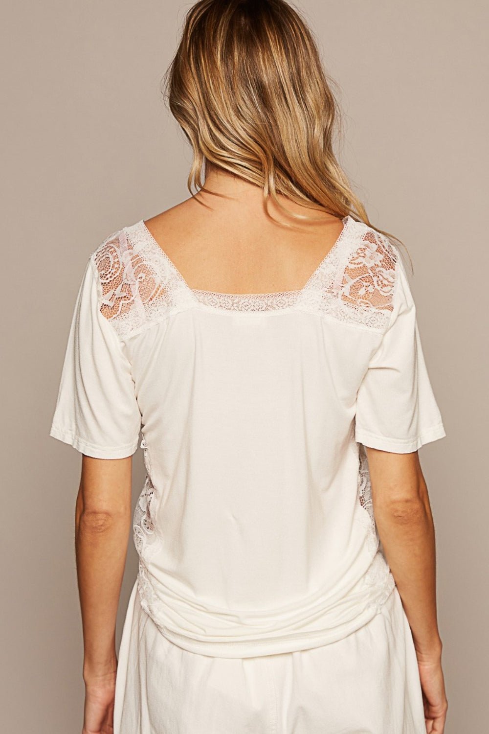 V-Neck Short Sleeve Lace Trim Top in Off-WhiteTopPOL