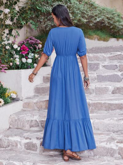 V-Neck Short Sleeve Ruffle Hem Maxi Dress in UltramarineMaxi DressBeach Rose Co.