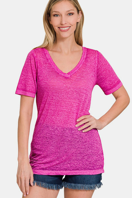 V-Neck Short Sleeve T-Shirt in Hot PinkT-ShirtZenana
