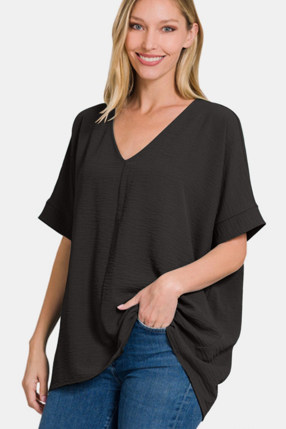 V-Neck Short Sleeve Top in BlackTopZenana