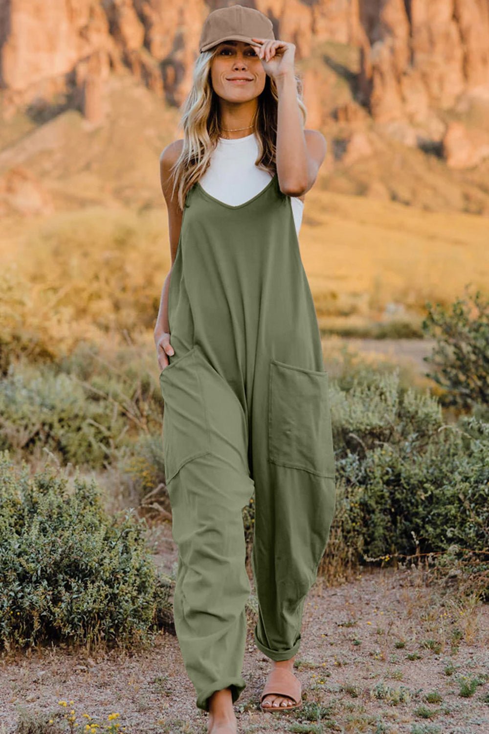 V-Neck Sleeveless Jumpsuit with PocketsJumpsuitDouble Take