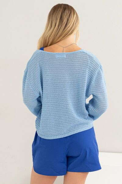 V-Neck Stripe Texture Long Sleeve Top in Baby BlueTopHYFVE