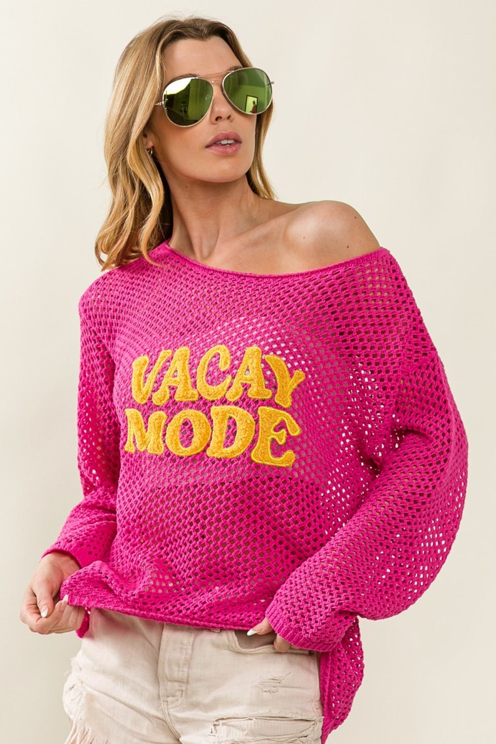VACAY MODE Mesh Cover Up Top in Fuchsia/MustardCover-UpBiBi