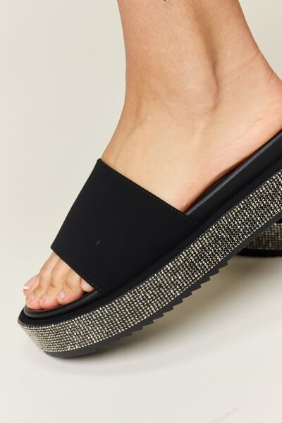 Vegan Leather Open Toe Rhinestone Platform Sandals in BlackSandalsForever Link