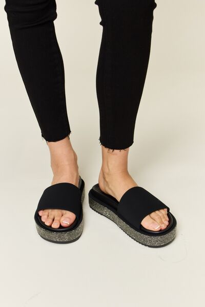 Vegan Leather Open Toe Rhinestone Platform Sandals in BlackSandalsForever Link