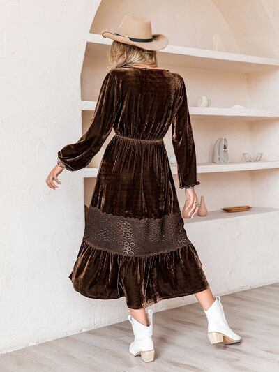 Velvet Drawstring V-Neck Crochet Midi Dress in ChocolateMidi DressBeach Rose Co.