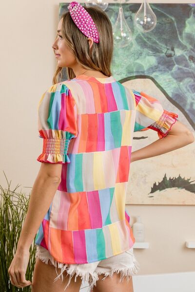 Vivid Color Block Smocked Short Sleeve BlouseBlouseBiBi