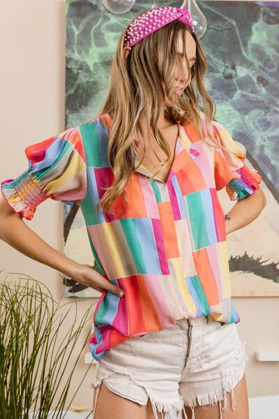 Vivid Color Block Smocked Short Sleeve BlouseBlouseBiBi