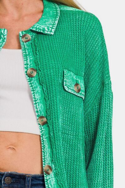 Waffle-Knit Button Up Dropped Shoulder Jacket in Kelly GreenJacketZenana