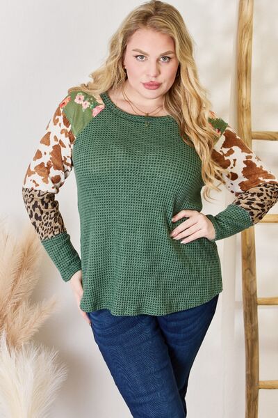 Waffle-Knit Leopard Print Blouse in Hunter GreenBlouseHailey & Co