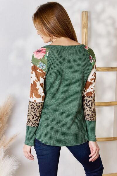 Waffle-Knit Leopard Print Blouse in Hunter GreenBlouseHailey & Co
