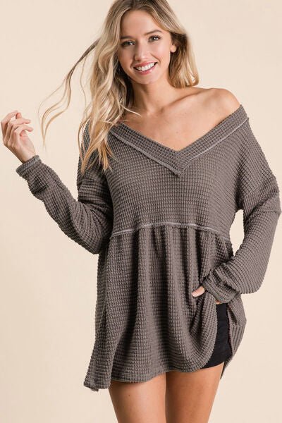 Waffle Knit V-Neck Babydoll Blouse in MochaBlouseBiBi