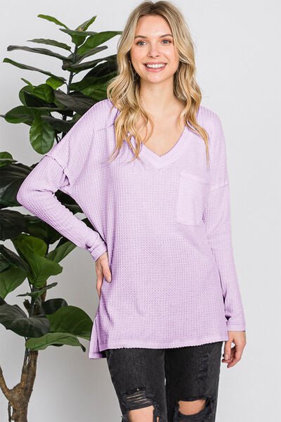 Waffle Knit V-Neck Long Sleeve T-Shirt in LilacT-ShirtReborn J