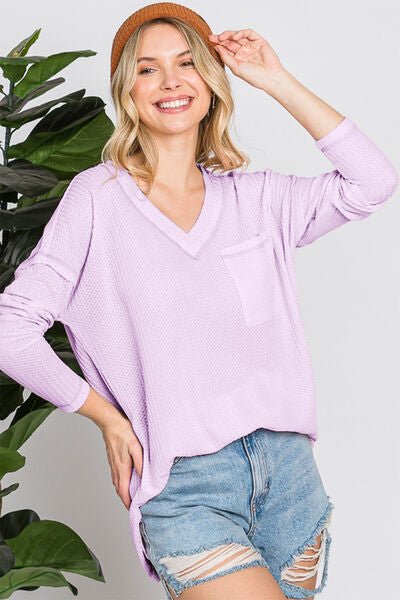 Waffle Knit V-Neck Long Sleeve T-Shirt in LilacT-ShirtReborn J