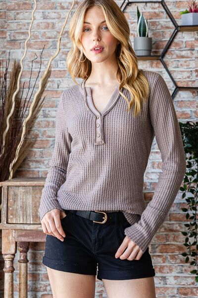 Waffle Knit V-Neck Long Sleeve Top in MochaTopReborn J