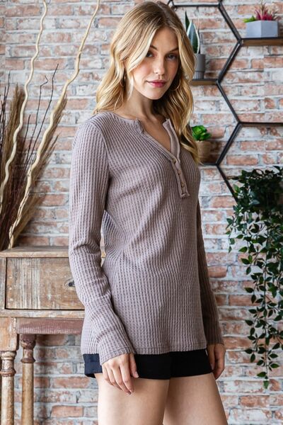 Waffle Knit V-Neck Long Sleeve Top in MochaTopReborn J