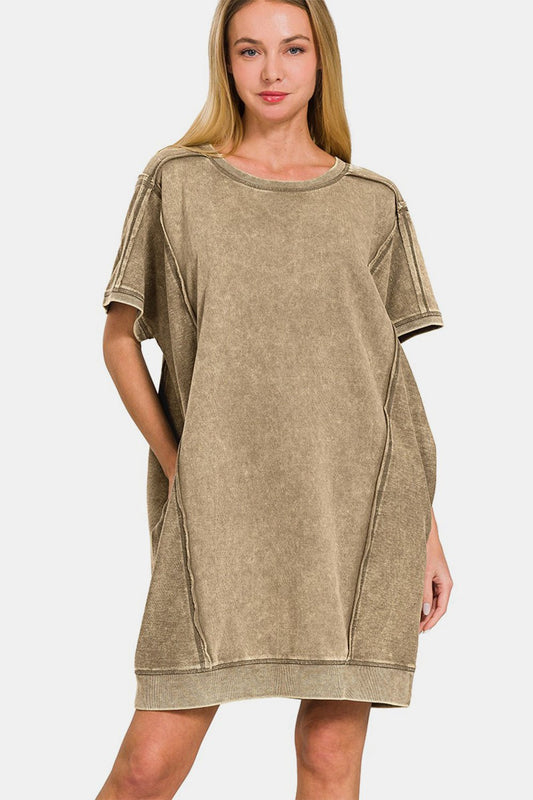 Washed Cotton Exposed Seam Mini Tee Dress in MochaMini DressZenana